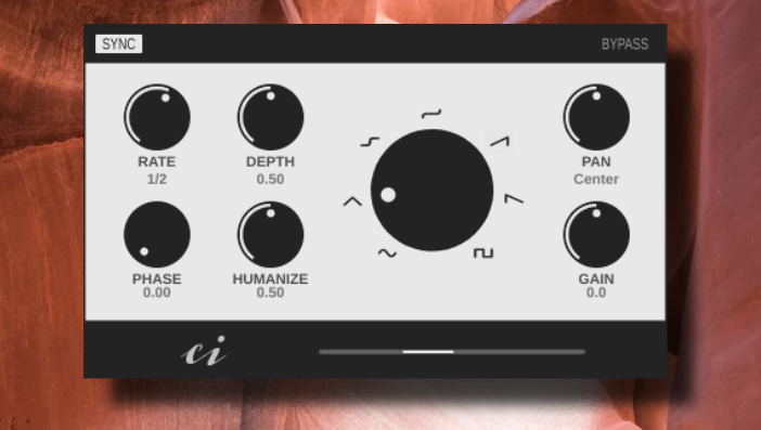 Picture of the Panacea plugin with knobs for Sync, Bypass, Rate, Depth, Phase, Waveform, Pan and Gain.